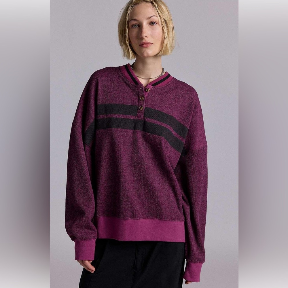 BDG Women’s Cameron Henley Striped Knitwear Pullover Size Small Purple/Black